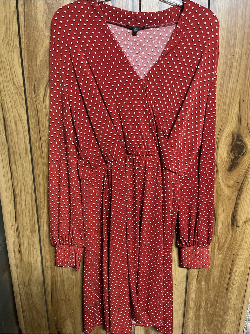 Adrianna Papell Red and White Polka Dot Long-Sleeve Wrap Dress